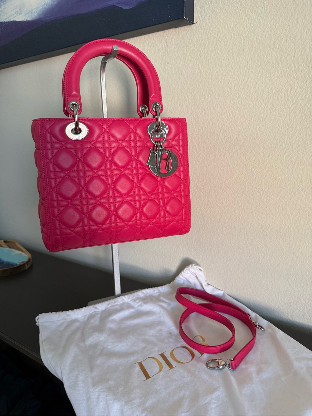 Christian Dior Medium Lady Dior in stunning fuchsia lambskin w/ silver hardware - Picture 3 of 6